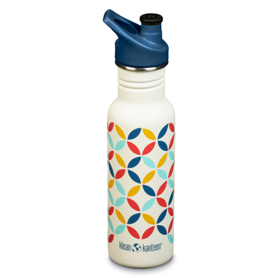 Klean Kanteen 18oz Classic Narrow Sport 2023 Retro Dot. A fun retro print in yello, navy blue, light blue and red, on a white bottle and white background