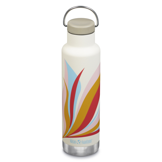 Klean Kanteen 20oz Insulated Classic Loop Bottle 2023 Retro Swish. A fun retro print in pink, red, yellow and light blue on an off-white bottle with a beige loop cap, on a white background
