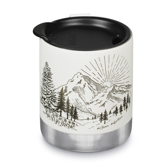 Klean Kanteen stainless steel insulated travel mug in matte white mountain on a white background