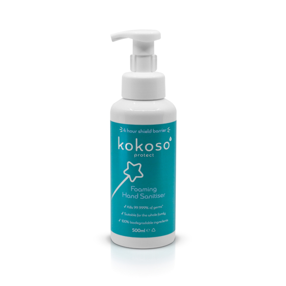 Kokoso Foaming Hand Sanitiser, Original, 500ml bottle in the middle of the picture. White background