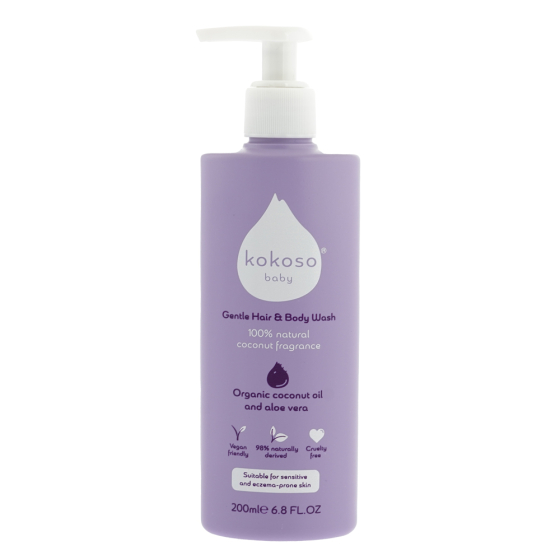 Kokoso coconut scented organic baby body and hair wash on a white background