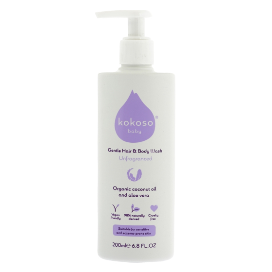 Kokoso unscented organic baby and body wash on a white background