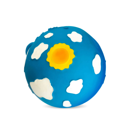 Sun and cloud sky detail on the Lanco day and night moulded natural rubber ball toy pictured on a white background