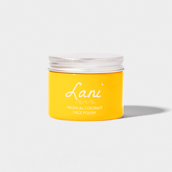 Lani Tropical Coconut Face Polish vegan, plastic free and cruelty free beauty. Yellow pot on white background.