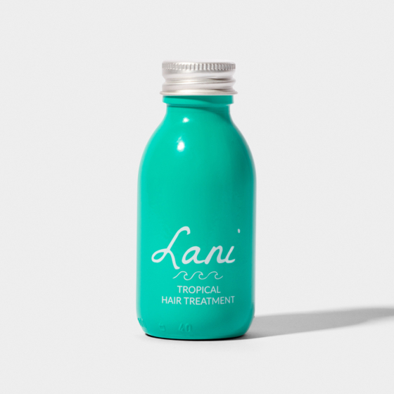 Lani Tropical Hair Treatment vegan, plastic free and cruelty free beauty, blue bottle on white background