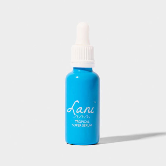 Lani Tropical Super Serum vegan, plastic free and cruelty free beauty. Blue bottle on white background.