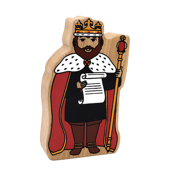 Wooden Lanka Kade King wearing a black outfit, red cape with white trim, crown and a staff.