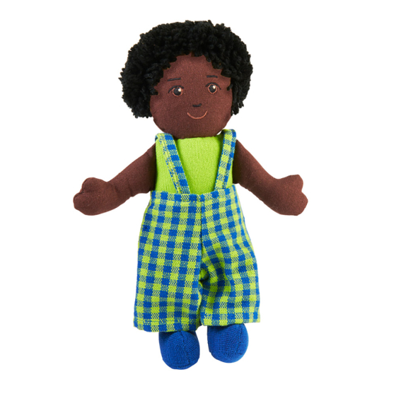 Lanka Kade children's black skin, black hair, soft toy boy doll on a white background