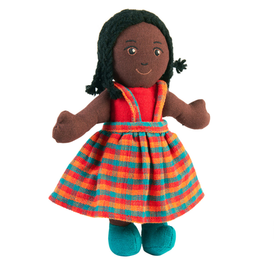 Lanka Kade children's black skin, black hair, soft toy girl doll on a white background
