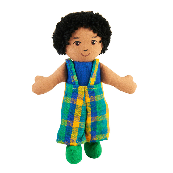 Lanka Kade children's brown skin, black hair, soft toy boy doll on a white background