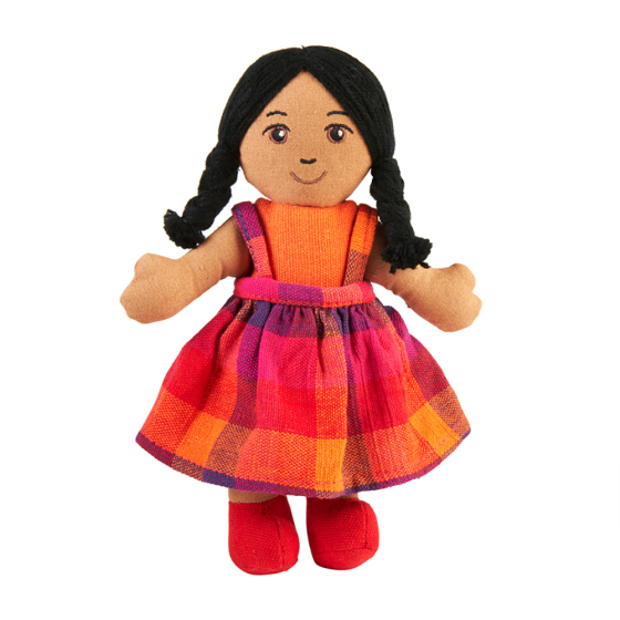 Lanka Kade children's brown skin, black hair, soft toy girl doll on a white background