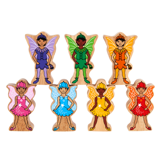 Lanka Kade wooden rainbow fairy figures stacked in two rows on a white background