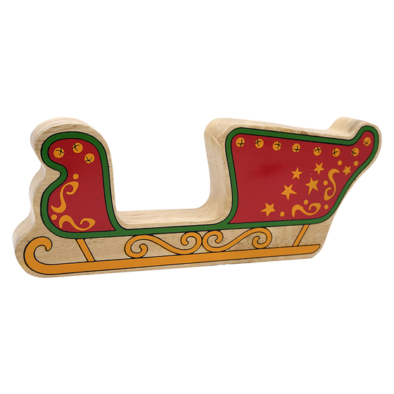 Wooden Lanka Kade red sleigh with yellow bells and star details, and a green trim