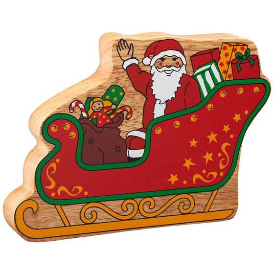 Front of the Lanka Kade father christmas in a sleigh wooden toy figure on a white background