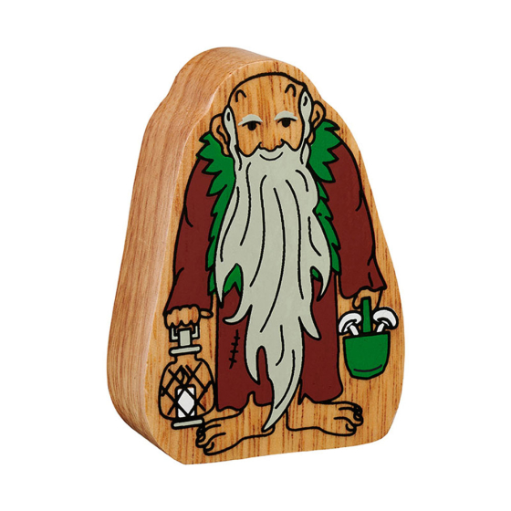 Lanka kade green and brown wooden hermit toy figure on a white background