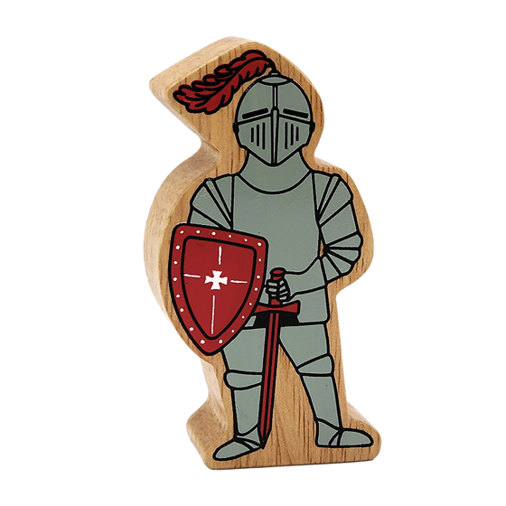 Wooden Lanka Kade knight in armor, with a red sword and red shield