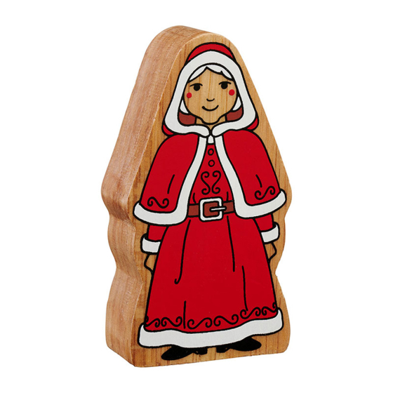 Lanka Kade handmade wooden mrs claus toy figure stood on a white background