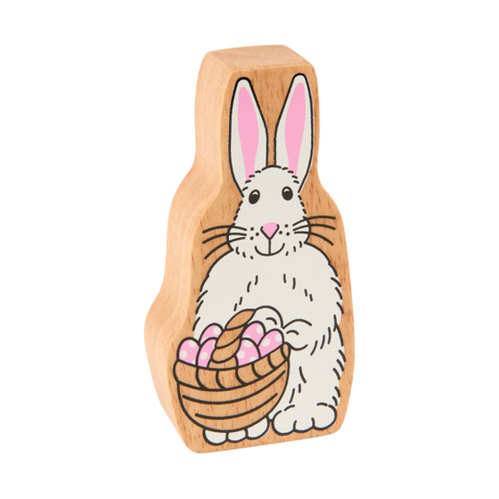 Lanka Kade Natural White and Pink Easter bunny with basket of pink eggs pictured on a plain white background 