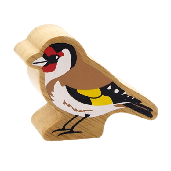 Lanka Kade wooden Goldfinch Toy, with yellow, brown, red and white painted feather detail. On a white background