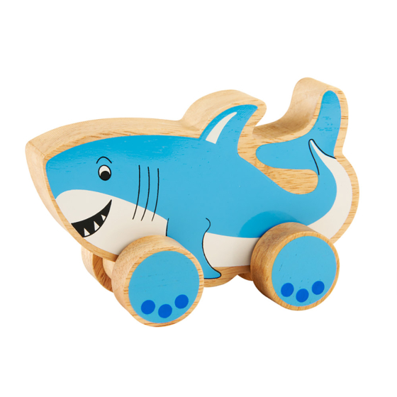 Lanka Kade handmade wooden push along shark toy on a white background