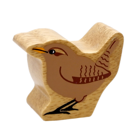 Lanka Kade brown wooden Wren toy figure, with a yellow beak and black feet. On a white background