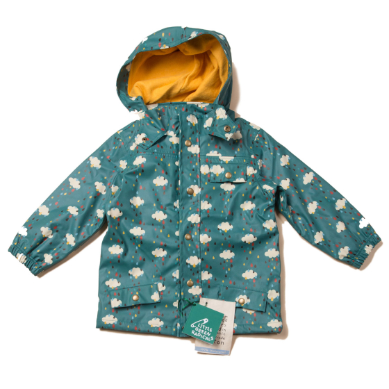 LGR Falling Water recycled plastic children's raincoat laid out on a white background