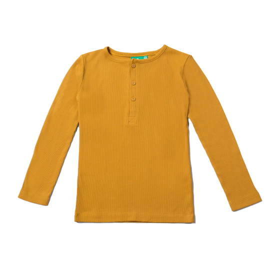 LGR golden ochre long sleeve ribbed childrens organic cotton top with buttons. white background
