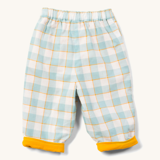 LGR children's organic cotton blue and gold checkered trousers on a white background