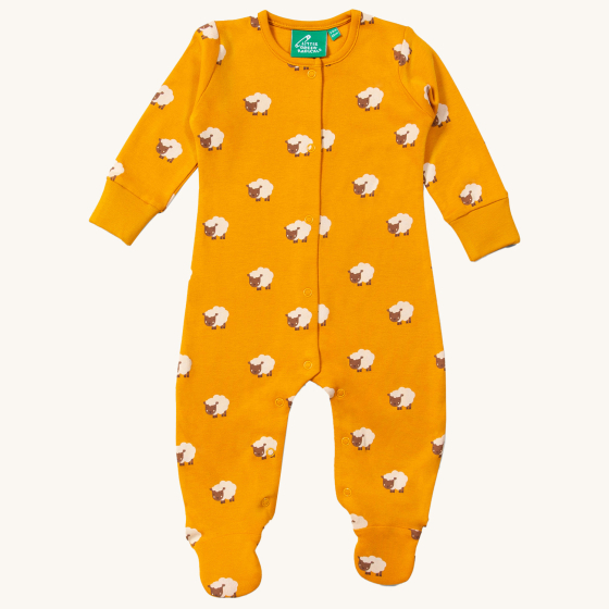 Little Green Radicals Counting Sheep Organic Cotton Babygrow. Made from GOTS organic cotton, this babygrow has cute sheep prints on orange fabric and poppers from the neckline to the feet for easy dressing