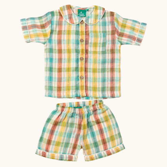 Little Green Radicals Rainbow Double Cloth Button Through Pyjamas. Beautiful striped pajama shorts and button top set made from GOTS Organic Cotton with Yellow, Red, Green and Blue vertical and horizontal stripes 