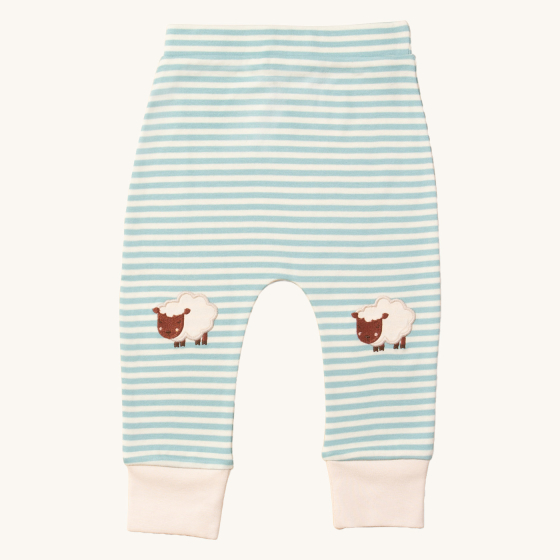Little Green Radicals Organic Cotton Counting Sheep Striped Knee Patch Joggers. Made from GOTS Organic Cotton, these comfy joggers have light blue and light cream stripes, with sheep applique patches on each knee