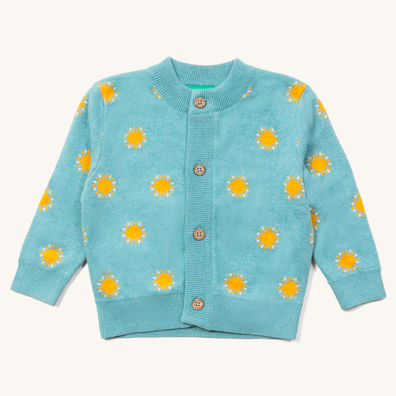LGR children's blue organic cotton knit cardigan in the sunshine print on a white background