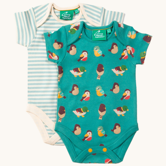 Little Green Radicals Garden Birds Organic Baby Body Set - 2 Pack, made with GOTS Organic Cotton these soft babygrows come in one light blue and light cream, and one in teal green with fun garden bird prints. Both have popper fasteners on the bottom for e