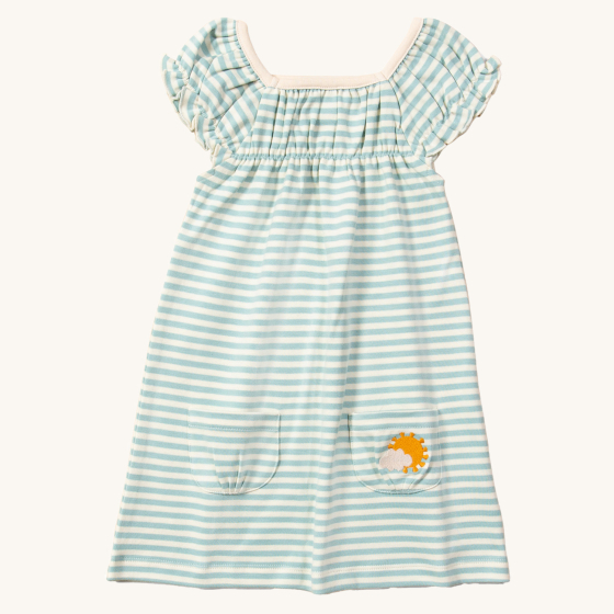 Little Green Radicals Powder Blue Frill Dress. Made from GOTS Organic Cotton, this beautiful dress has frill shoulders , two pockets with one having a sun and cloud applique patch, and light blue and cream horizontal stripes
