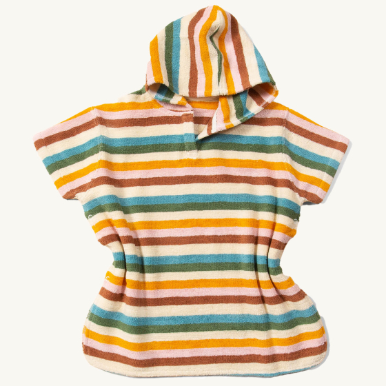 Little Green Radicals Baby Rainbow Hooded Towel Poncho. Made with 100% Organic & Fairtrade Towelling Cotton, this soft and cosy hooded poncho has rainbow stripes and popper fasteners on either side to allow easy dressing and ventilation 