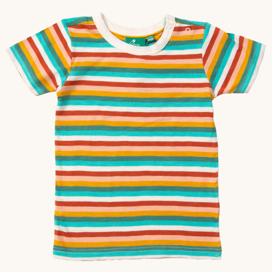 Little Green Radicals Rainbow Stripes Summer Short Sleeve T-Shirt. Made from GOTS Organic Cotton, this fun striped t-shirt comes with white, green, yellow, red and peach horizontal stripes, a white collar and popper fasteners on the left shoulder