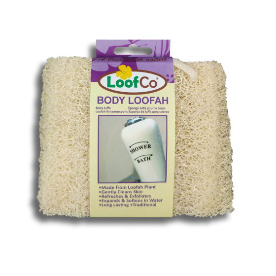 LoofCo Body Loofah in cardboard packaging sleeve pictured on a plain white background