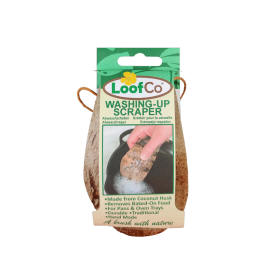LoofCo coconut husk Washing-Up Scraper in cardboard packaging sleeve pictured on a plain white background