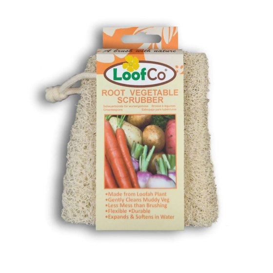 LoofCo Loofah root vegetable scrubber pictured in cardboard sleeve packaging on a plain white background