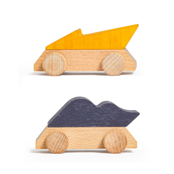 Lubulona eco-friendly thunder and lightning wooden supercar toys on top of each other on a white background