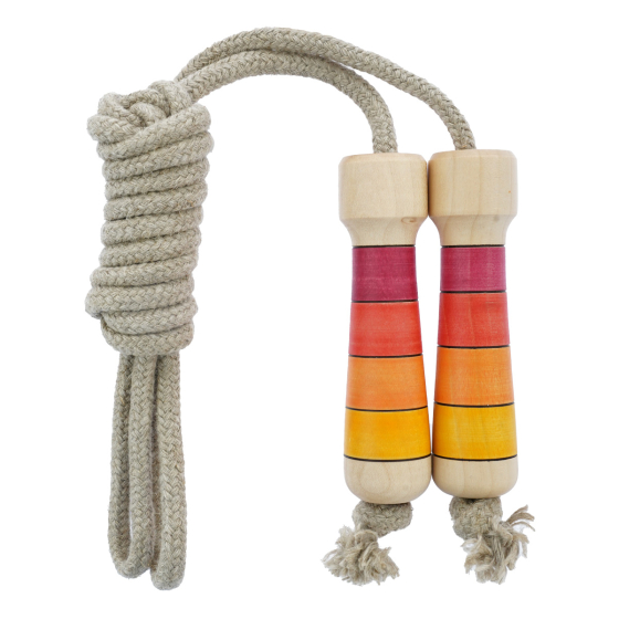 Mader handmade red wooden skipping rope laid out on a white background