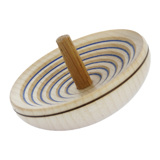 Mader handmade wooden UFO spinning top in blue on a white background