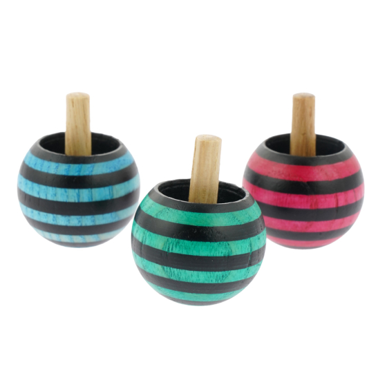 Blue, red and green Mader hand carved wooden tango turn over spinning top toys on a white background