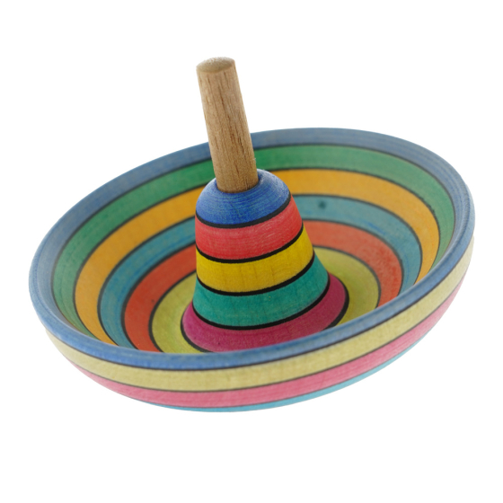 Mader eco-friendly wooden sombrero spinning top in the rainbow striped colour on a white background
