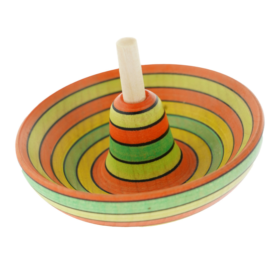 Mader handmade wooden sombrero spinning top in the summer colour on a white background