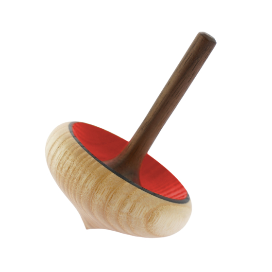 Mader handmade wooden zwirbel spinning top in red on a white background