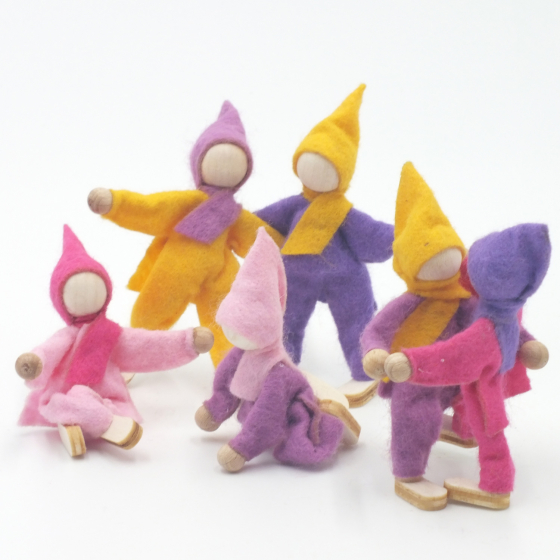 Magic Wood Six Felt Elves in pink, purple and yellow colours pictured on a plain background 