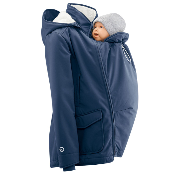 Mamalila allweather allrounder maternity jacket in navy with a baby in the front pouch on a white background