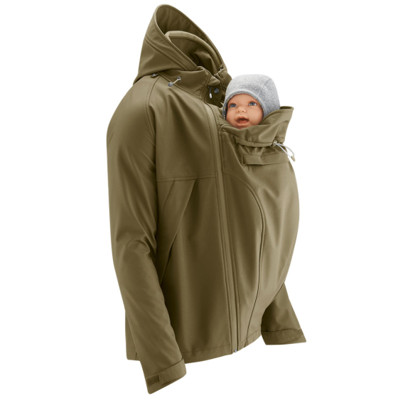 Mamalila eco-friendly mens khaki allrounder babywearing jacket with a baby in the front pouch on a white background