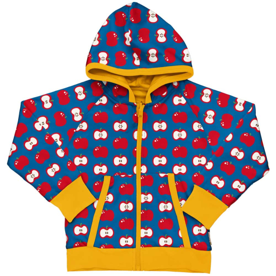 Maxomorra organic zip up hoodie for adults has a bold repeat apple pattern with a blue background and contrasting yellow trim. On white background